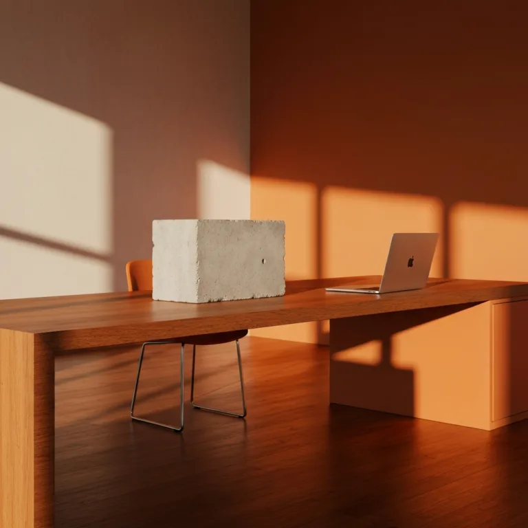 A minimalist workspace with a sleek wooden desk. On the desk, a heavy, brutalist concrete block sits next to a modern laptop, symbolizing a 'load-bearing anchor' in a daily routine. Soft, natural morning light casting sharp, intentional shadows across the room. High resolution, photorealistic, cinematic lighting.