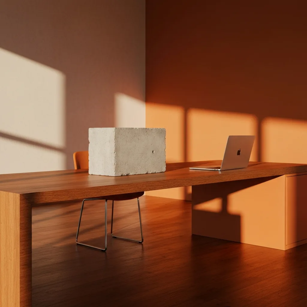A minimalist workspace with a sleek wooden desk. On the desk, a heavy, brutalist concrete block sits next to a modern laptop, symbolizing a 'load-bearing anchor' in a daily routine. Soft, natural morning light casting sharp, intentional shadows across the room. High resolution, photorealistic, cinematic lighting.