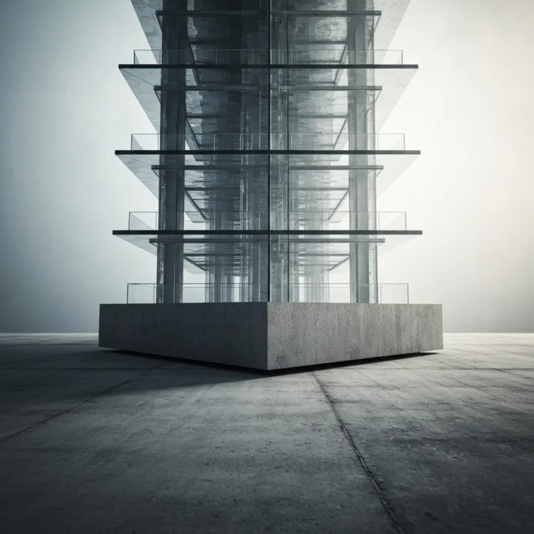 A stark, minimalist architectural photograph showing a solid, heavy concrete floor anchoring a highly complex, fragile glass structure above it. Soft, moody lighting emphasizing the contrast between the unbreakable base and the delicate upper tiers. Photorealistic, 8k resolution, cinematic composition.