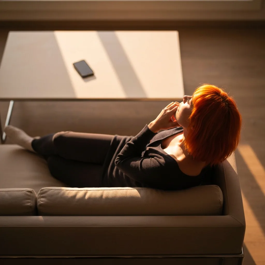 A cinematic, top-down view of a person sitting on a minimalist modern sofa staring thoughtfully at the ceiling, their smartphone lying face down on a distant coffee table. Warm, natural sunlight streaming through a nearby window, casting soft shadows. The atmosphere is calm, quiet, and introspective. High resolution, photorealistic.