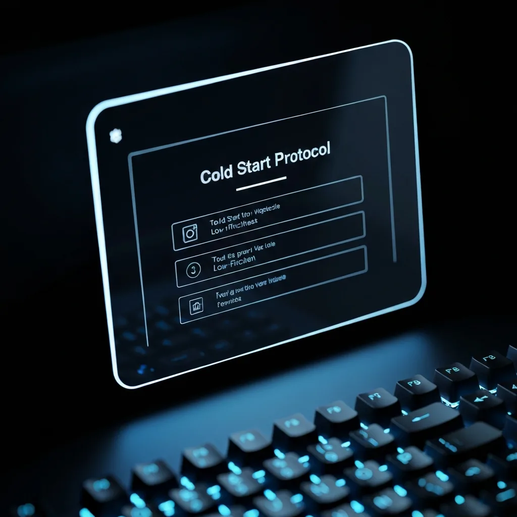 A close-up of a sleek, minimalist digital dashboard displaying a 'Cold Start Protocol' with three simple, low-friction tasks. The screen is illuminated in a dark room, casting a soft blue glow on a mechanical keyboard. High resolution, modern tech aesthetic.