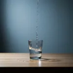 A minimalist workspace with a single glass of water overflowing drop by drop onto a clean wooden desk, symbolizing incremental capacity creep. Soft, diffused natural lighting, moody and cinematic, high resolution, photorealistic.