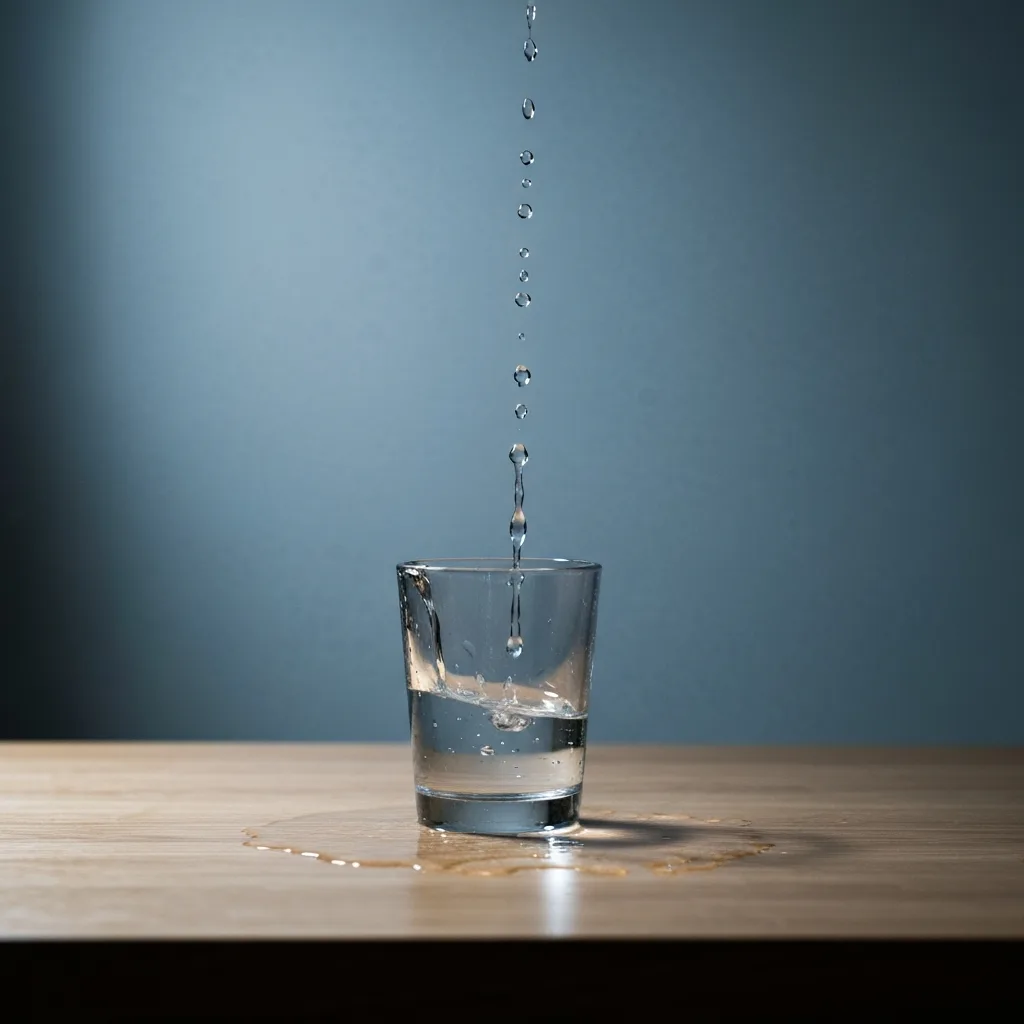 A minimalist workspace with a single glass of water overflowing drop by drop onto a clean wooden desk, symbolizing incremental capacity creep. Soft, diffused natural lighting, moody and cinematic, high resolution, photorealistic.