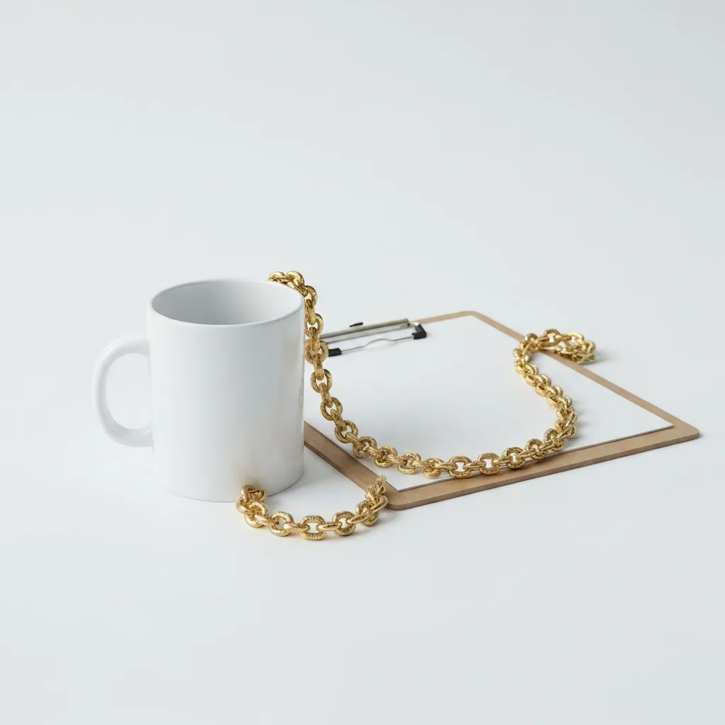 A minimalist, conceptual 3D illustration showing a heavy, ornate golden chain attached to a pristine white coffee mug and a clipboard, resting on a clean white background, representing the hidden, heavy burden of small, routine office tasks.