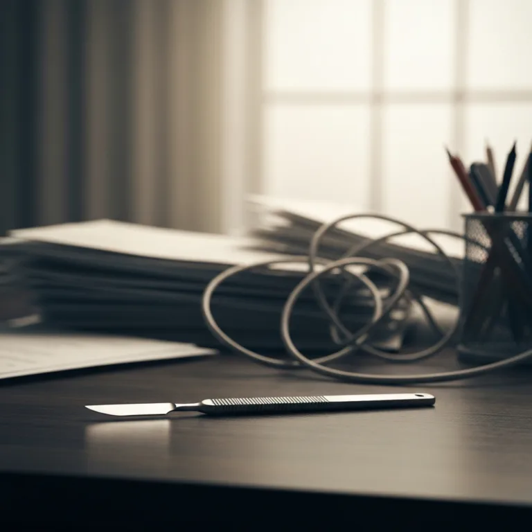 A cinematic, softly lit office scene where a single gleaming metallic scalpel rests on a sleek, dark wooden desk, contrasting sharply with a blurred background of a chaotic, overflowing inbox and tangled office supplies, symbolizing precision and high-value work over general utility.