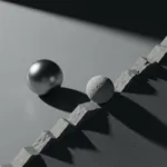 A stark, minimalist conceptual image showing a perfectly smooth, frictionless metallic sphere resting on a flat gray surface, contrasting with a rough, unpolished stone sphere rolling up a steep, jagged incline. Cinematic lighting, dramatic shadows, representing the friction of growth versus the stagnation of comfort.