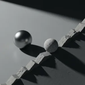 A stark, minimalist conceptual image showing a perfectly smooth, frictionless metallic sphere resting on a flat gray surface, contrasting with a rough, unpolished stone sphere rolling up a steep, jagged incline. Cinematic lighting, dramatic shadows, representing the friction of growth versus the stagnation of comfort.