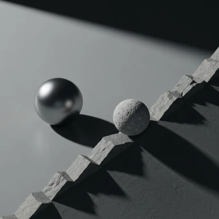 A stark, minimalist conceptual image showing a perfectly smooth, frictionless metallic sphere resting on a flat gray surface, contrasting with a rough, unpolished stone sphere rolling up a steep, jagged incline. Cinematic lighting, dramatic shadows, representing the friction of growth versus the stagnation of comfort.
