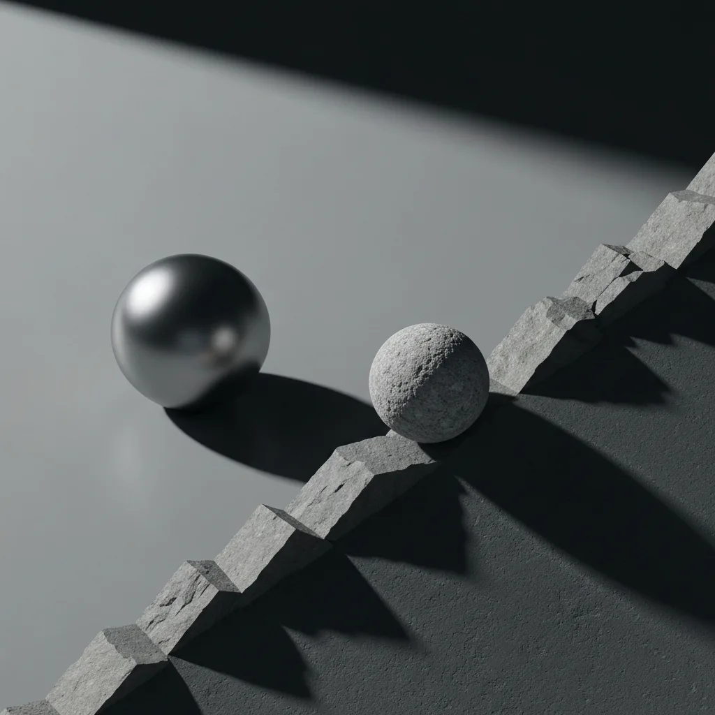 A stark, minimalist conceptual image showing a perfectly smooth, frictionless metallic sphere resting on a flat gray surface, contrasting with a rough, unpolished stone sphere rolling up a steep, jagged incline. Cinematic lighting, dramatic shadows, representing the friction of growth versus the stagnation of comfort.