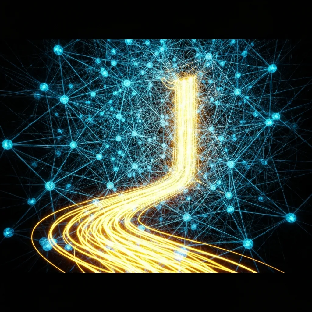 An abstract, conceptual representation of the human mind, showing a complex, tangled web of glowing neon blue nodes and intersecting lines slowly untangling and merging into a single, thick, brilliantly illuminated golden path moving forward.
