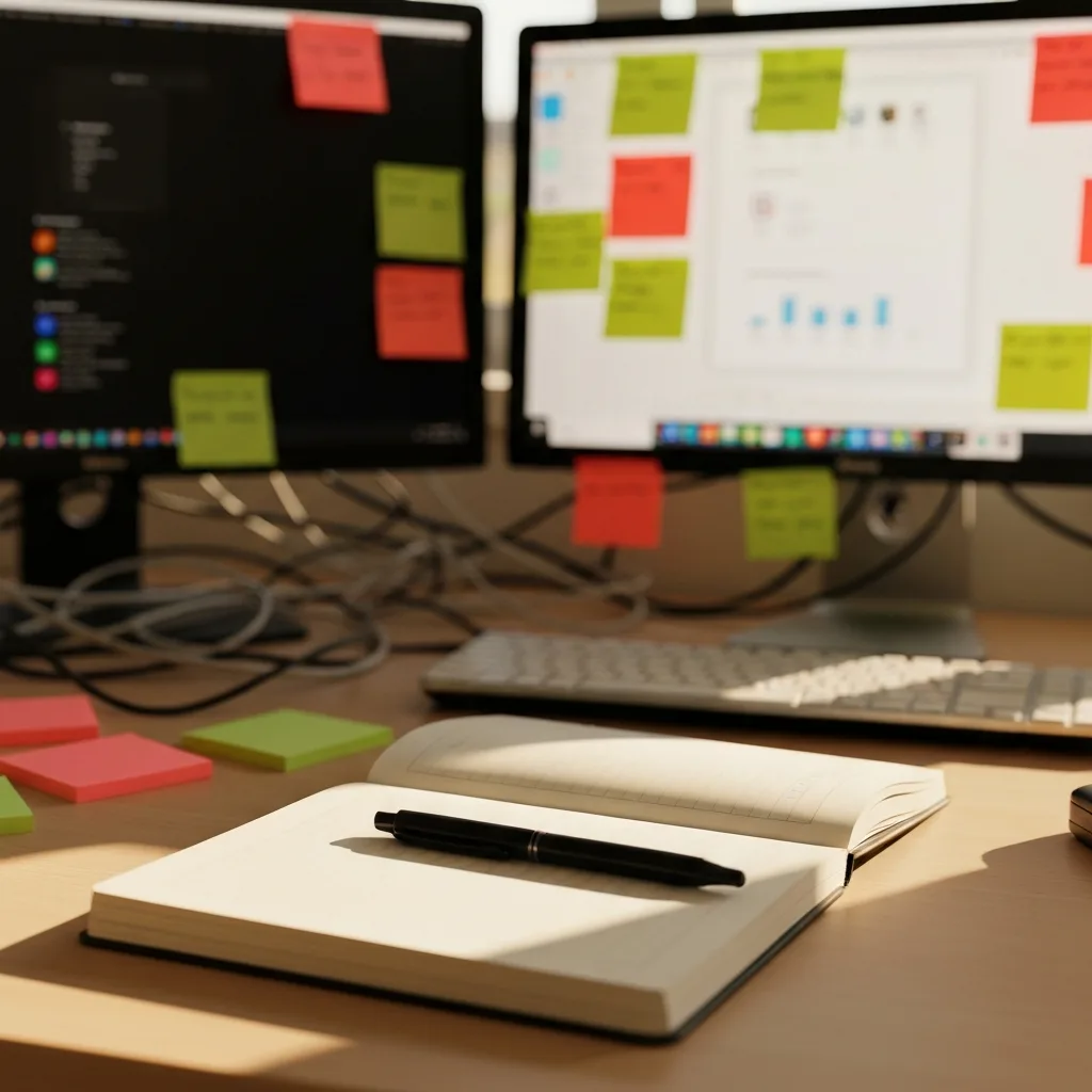 A minimalist workspace featuring a single, open notebook with a black pen resting on it, bathed in warm morning sunlight, contrasting sharply with a blurred background of chaotic, tangled wires, multiple screens, and scattered sticky notes.