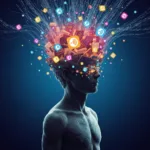 A surreal, high-contrast digital illustration of a person's head overflowing with glowing, chaotic data streams, podcast icons, and books, while their physical body remains frozen and turned to stone, symbolizing the paralysis of over-consumption. Dark moody background, cinematic lighting.