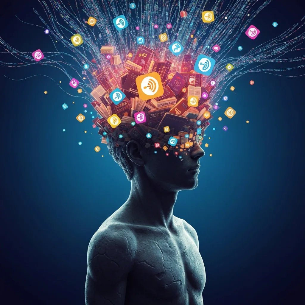 A surreal, high-contrast digital illustration of a person's head overflowing with glowing, chaotic data streams, podcast icons, and books, while their physical body remains frozen and turned to stone, symbolizing the paralysis of over-consumption. Dark moody background, cinematic lighting.