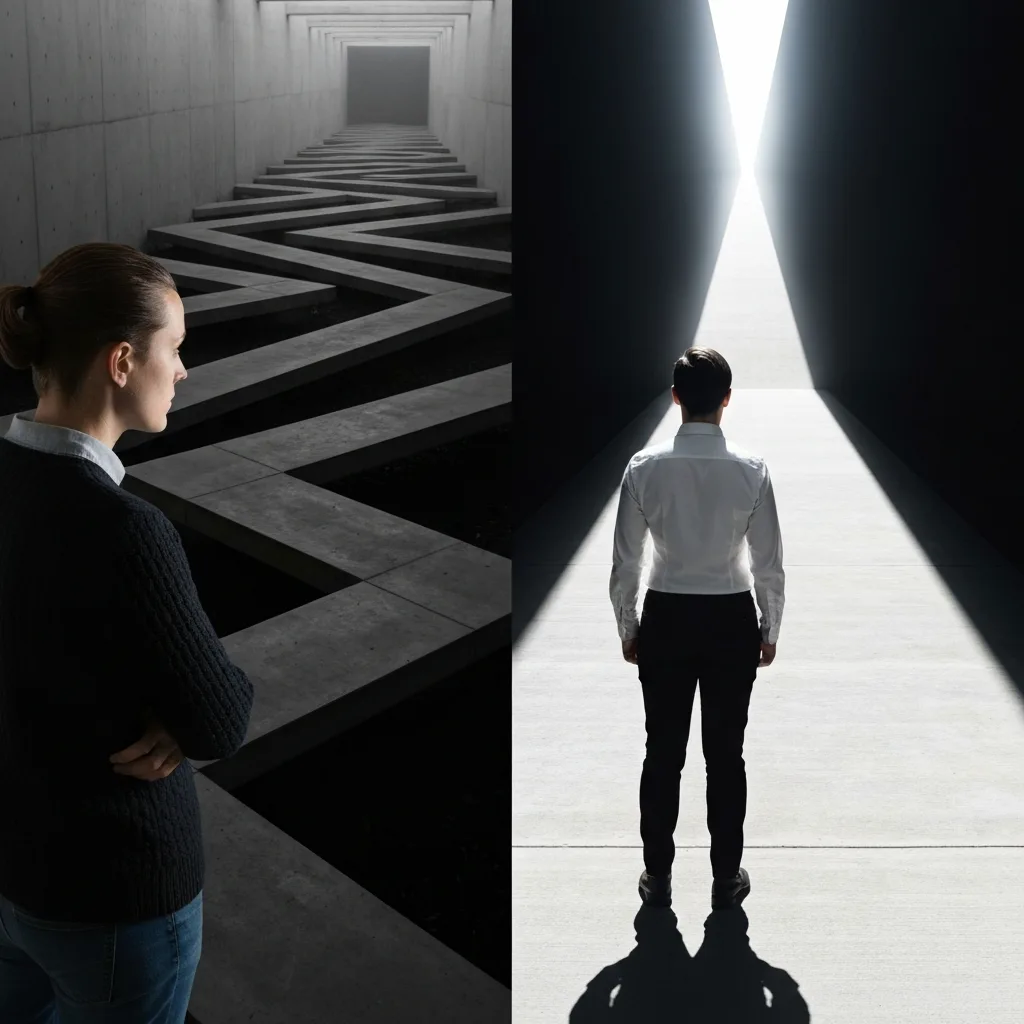 A minimalist, architectural split-screen visual concept: On the left side, a person looking at multiple dimly lit, confusing and winding pathways. On the right side, a person staring down a single, brightly illuminated, straight path with intense focus. Clean lines, deep shadows.