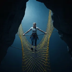 A cinematic, high-contrast image of a tightrope walker confidently crossing a deep chasm, but looking down at a complex, tangled safety net that appears to be heavily pulling them downward. Moody lighting, serving as a metaphor for distraction and the burden of safety.