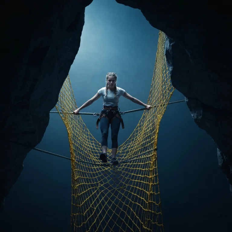 A cinematic, high-contrast image of a tightrope walker confidently crossing a deep chasm, but looking down at a complex, tangled safety net that appears to be heavily pulling them downward. Moody lighting, serving as a metaphor for distraction and the burden of safety.