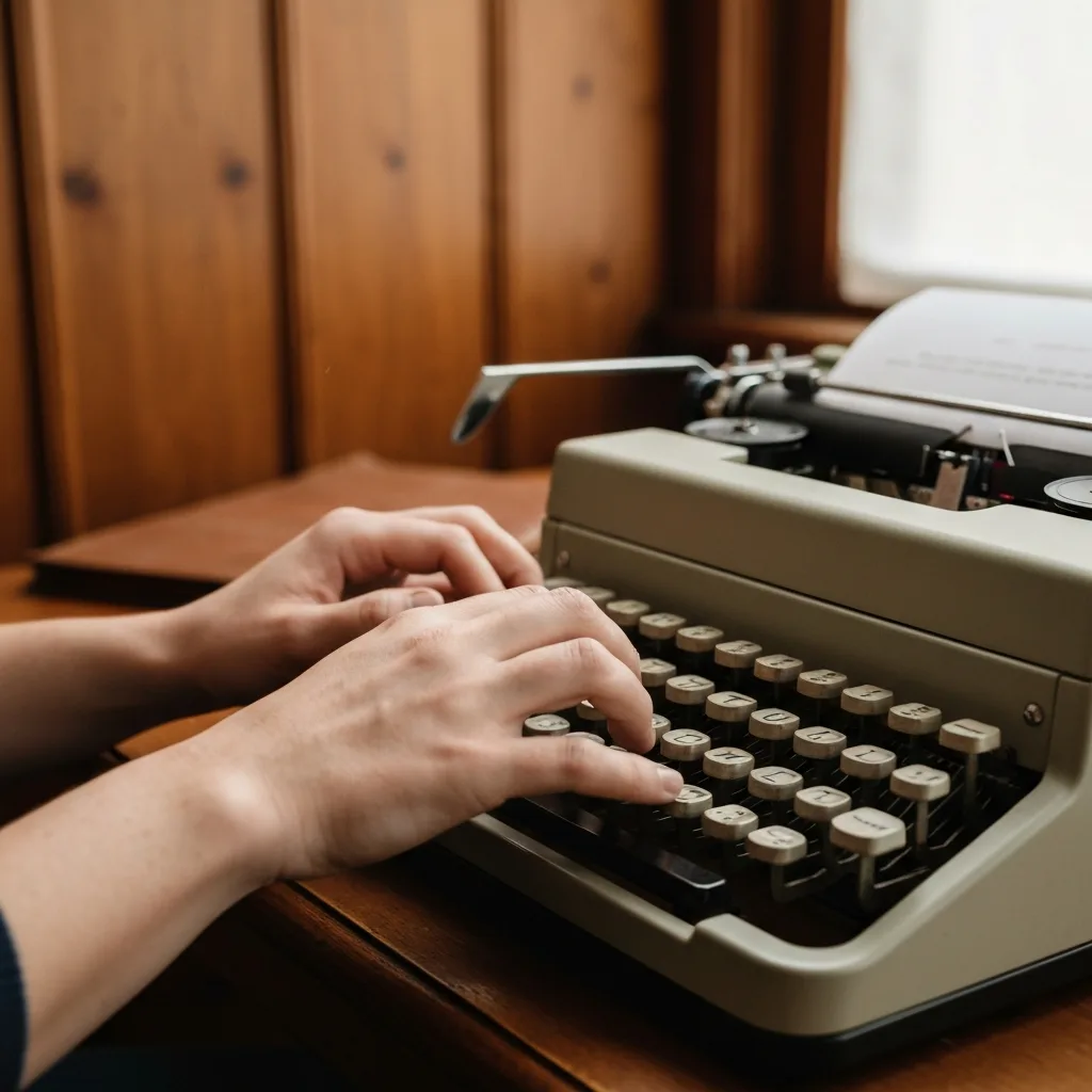 A close-up of a person's hands typing on a vintage typewriter in a softly lit, wood-paneled room, symbolizing raw, divergent creative output without the distraction of modern editing tools.