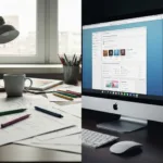 A minimalist, split-screen workspace showing a messy, creative desk with sketches and coffee on one side, and a clean, highly organized digital workstation on the other, cinematic lighting.