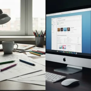 A minimalist, split-screen workspace showing a messy, creative desk with sketches and coffee on one side, and a clean, highly organized digital workstation on the other, cinematic lighting.