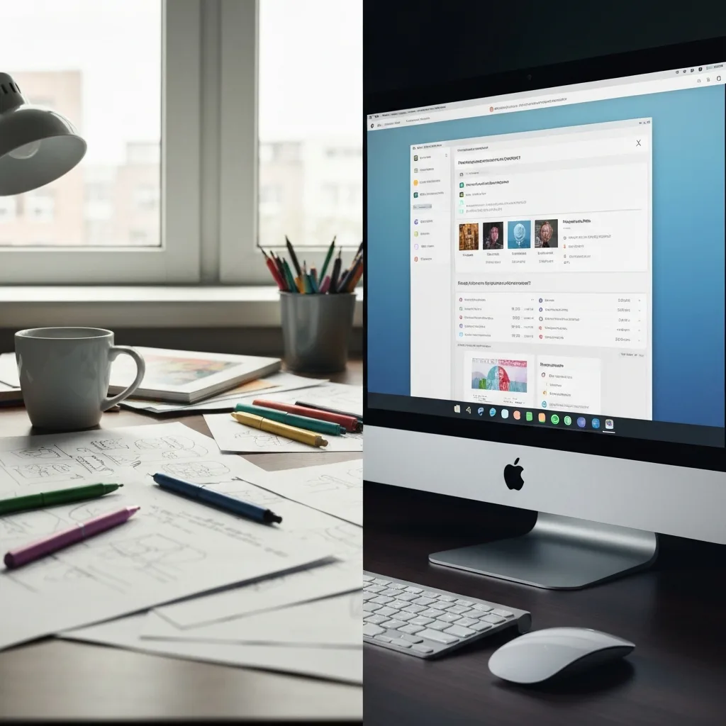 A minimalist, split-screen workspace showing a messy, creative desk with sketches and coffee on one side, and a clean, highly organized digital workstation on the other, cinematic lighting.