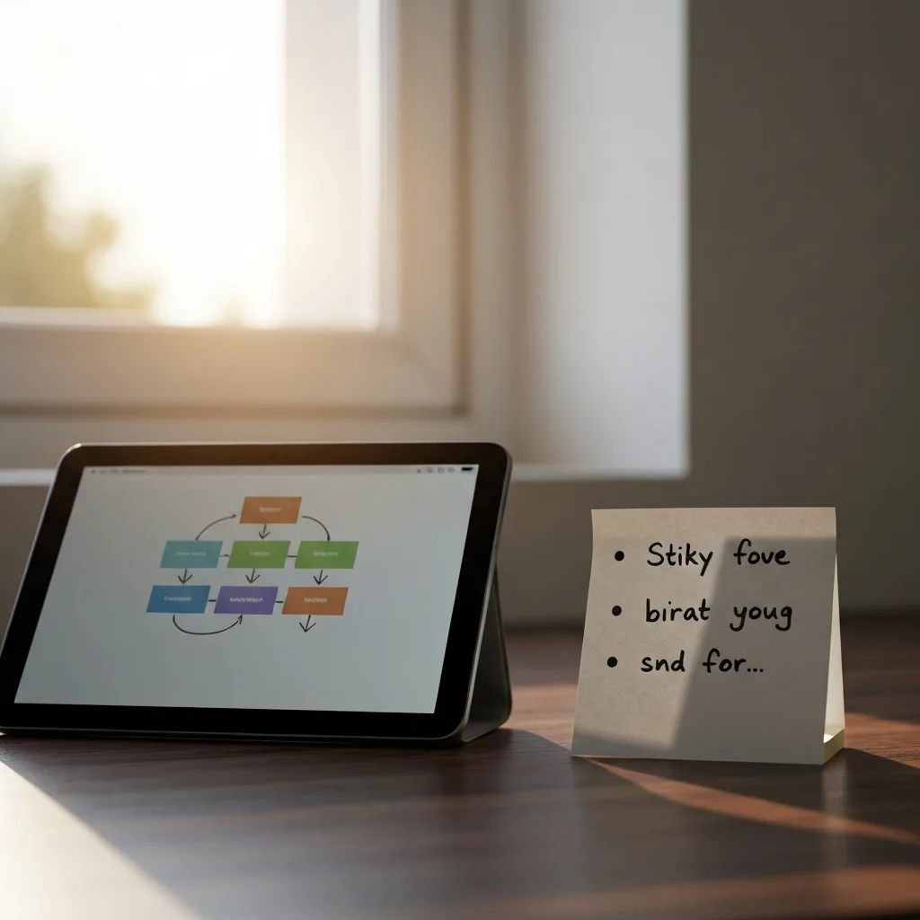 A minimalist workspace featuring a digital tablet displaying a complex, overflowing flowchart, while right next to it lies a simple, cleanly written sticky note with three bullet points, bathed in warm afternoon sunlight.