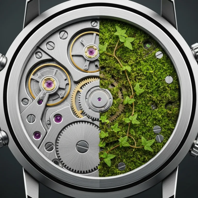 A macro shot of a sleek, modern mechanical watch mechanism where half the gears are pristine and shining, while the other half are slowly being overgrown by vibrant green moss and vines, symbolizing the organic decay of rigid systems.
