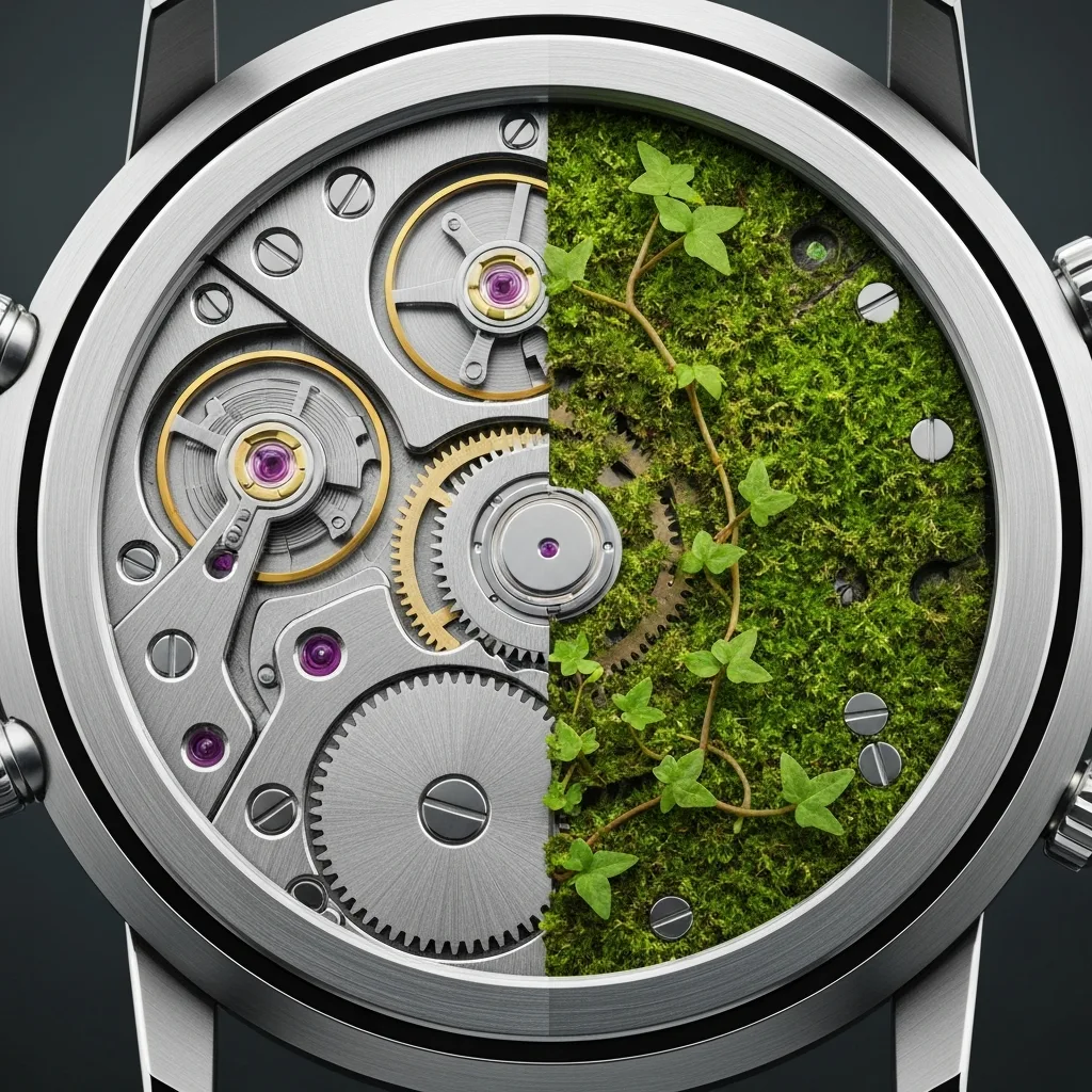 A macro shot of a sleek, modern mechanical watch mechanism where half the gears are pristine and shining, while the other half are slowly being overgrown by vibrant green moss and vines, symbolizing the organic decay of rigid systems.