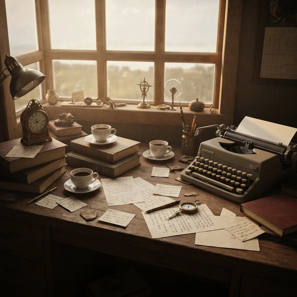 A chaotic but cozy writer's desk filled with idiosyncratic items—half-empty coffee cups, scattered handwritten notes, a vintage typewriter, and strange trinkets—bathed in warm, moody afternoon sunlight. Hyper-realistic, rich textures, atmospheric.