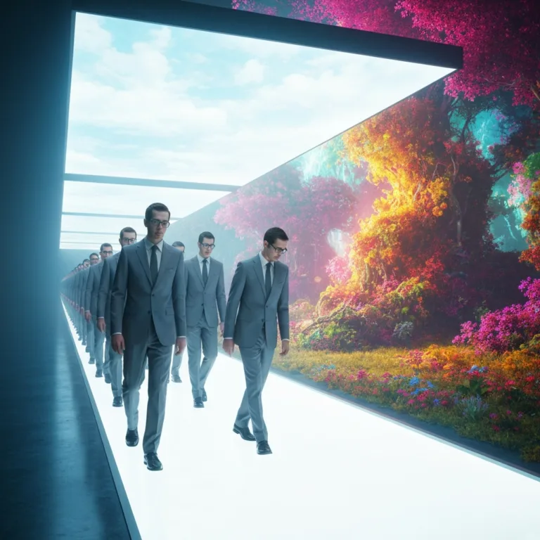 A surreal, high-contrast digital illustration showing a line of identical people in grey suits walking on a straight, brightly lit path, while one person breaks away, walking into a colorful, untamed, glowing forest. Cinematic lighting, conceptual art style.