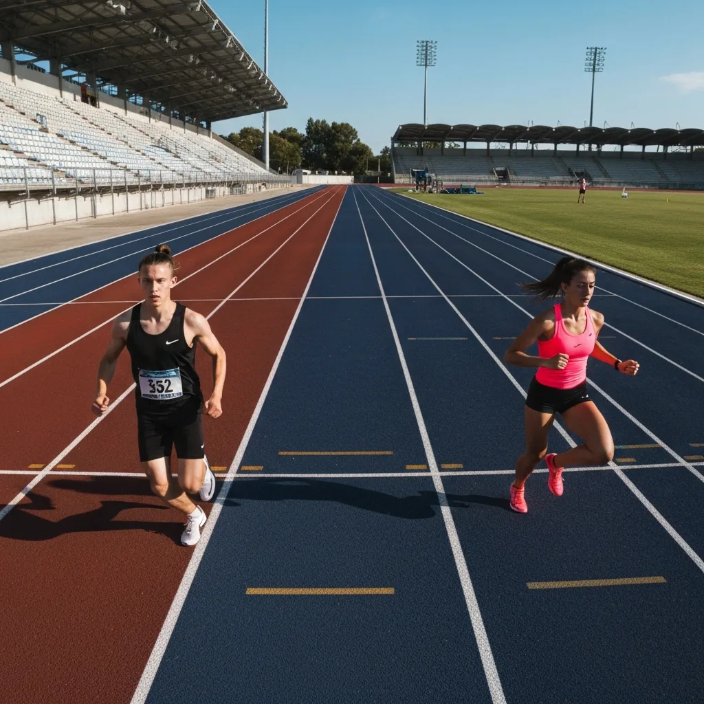 Two athletes on a running track viewed from an aerial perspective. One athlete is slightly ahead, casting a long, distinct shadow on the red track. The trailing athlete is stepping purposefully directly into the shadow, symbolizing the act of using another person's success as a blueprint rather than a source of bitterness. Minimalist composition, striking colors.