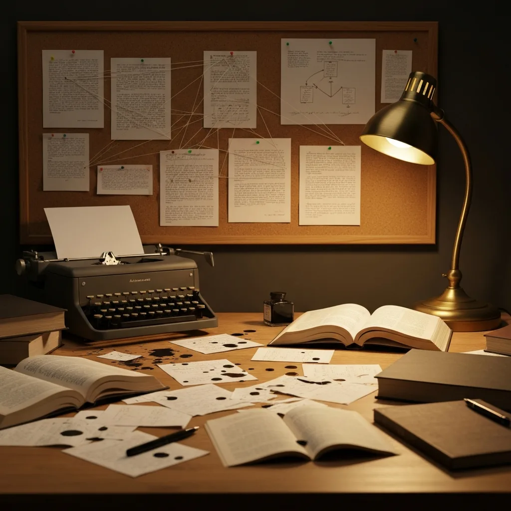 A messy, cluttered academic desk covered in scattered handwritten notes, spilled black ink, and open reference books. A vintage typewriter sits in the background. Pinned to a corkboard above the desk are frantic string-connected diagrams analyzing a fictional manuscript, evoking a sense of literary obsession and metafictional madness.