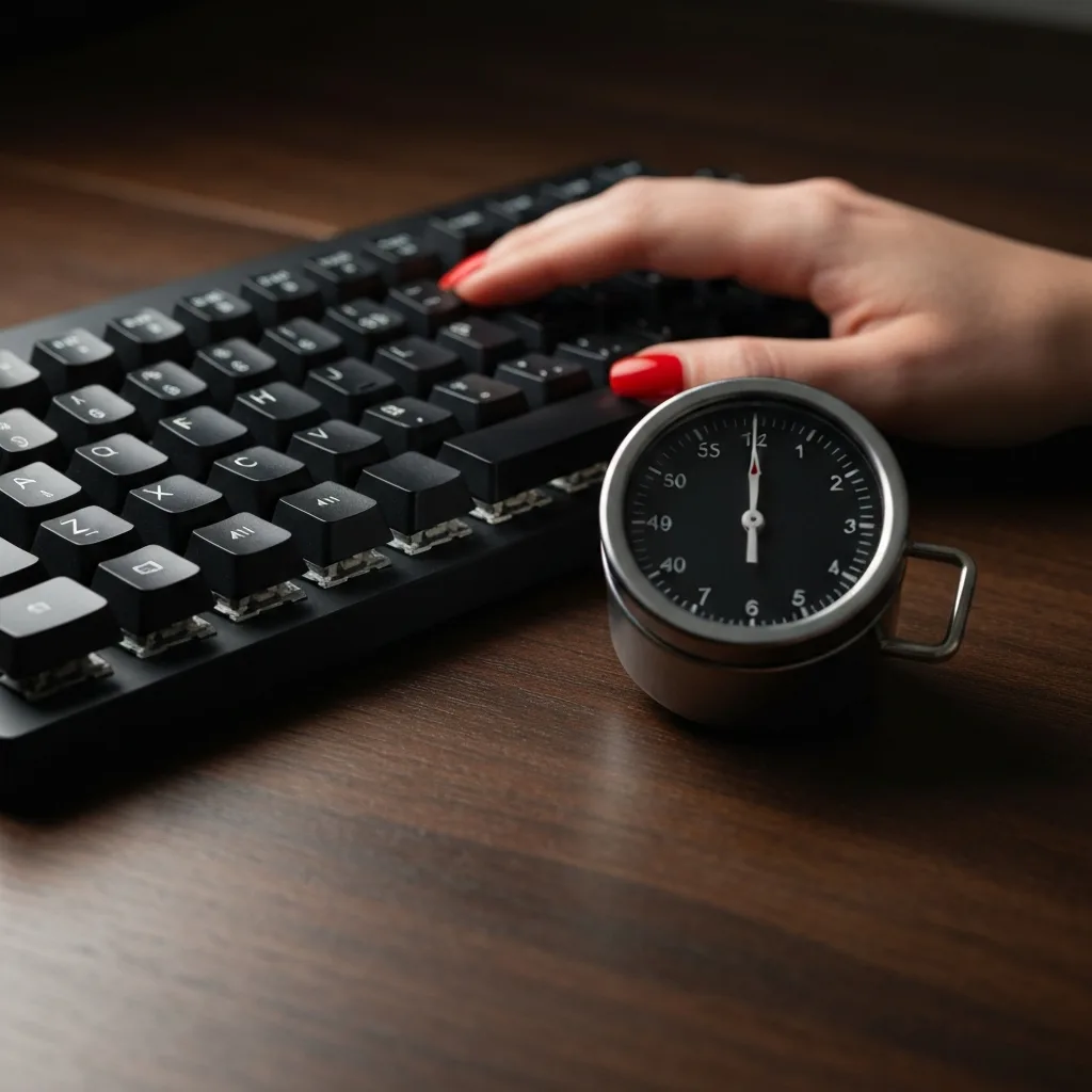 A close-up, high-quality photograph of a well-organized desk. A person's hands are resting on a mechanical keyboard. Next to the keyboard is a simple, analog kitchen timer ticking down. The lighting is moody and focused, highlighting the tactile, physical nature of getting to work without relying on digital distractions.