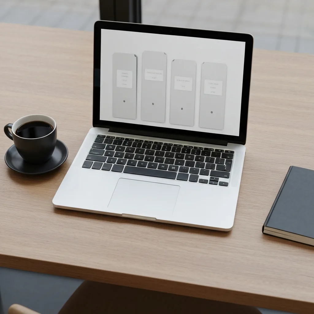 A top-down view of a modern, clutter-free wooden desk. On the desk is a single closed laptop, a sleek cup of black coffee, and a small notebook. The screen of the laptop reflects a simple, perfectly organized flat file structure, emphasizing minimalism and focus. Cinematic lighting, photorealistic.