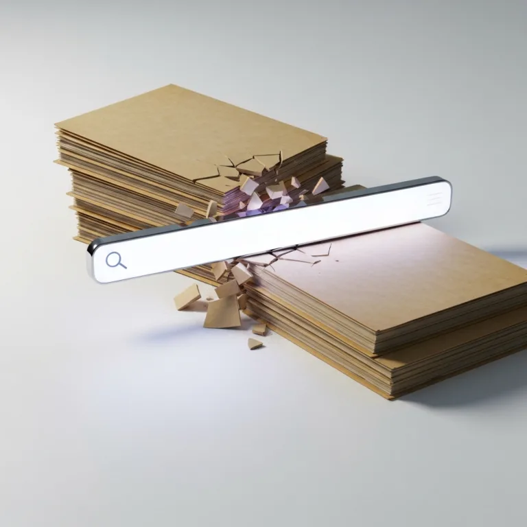 A minimalist, high-end 3D render of a glowing digital search bar shattering a stack of dusty, old physical manila folders, symbolizing the transition from physical filing to digital search. Clean white background, dramatic lighting, highly detailed.