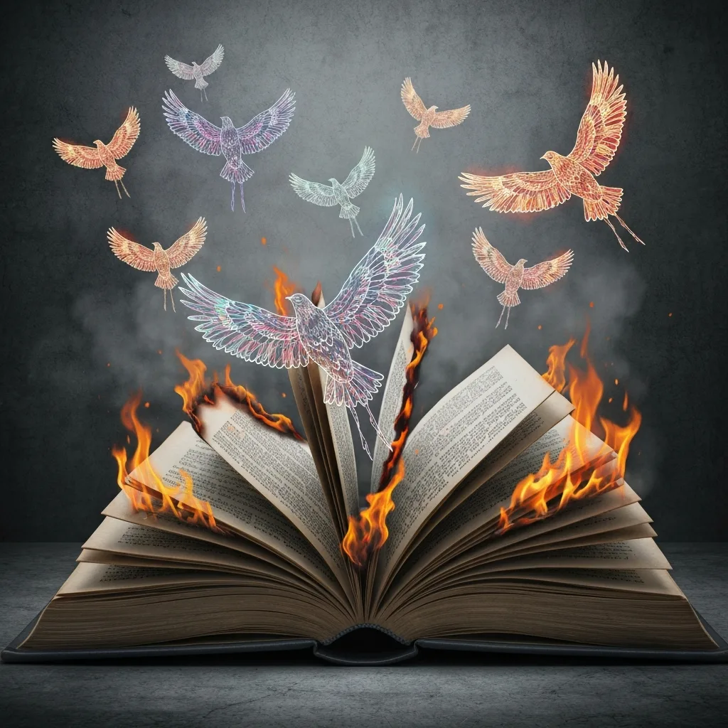 A conceptual illustration showing a flock of glowing birds flying out of the pages of an open, partially burned book. The background is a moody, textured dark gray, symbolizing freedom of thought escaping censorship and systemic suppression.