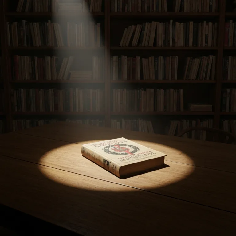 A dramatic, high-quality photograph of a dimly lit, dusty library with a single spotlight illuminating a controversial, vintage book resting on a heavy wooden reading table. The atmosphere is secretive, rebellious, and deeply atmospheric.