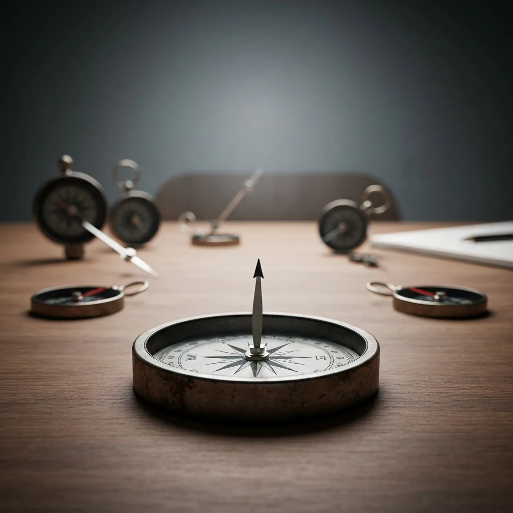 A minimalist workspace with a large, heavy iron compass pointing strictly in one direction. In the background, blurred out, are multiple compasses spinning wildly. Moody, atmospheric, high contrast, sharp focus on the foreground compass.