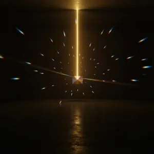 A stark, conceptual image showing a single, intense beam of golden light cutting through a dark room and hitting a prism, contrasting with scattered, weak, fragmented beams of light in the background. Cinematic lighting, highly detailed, photorealistic.