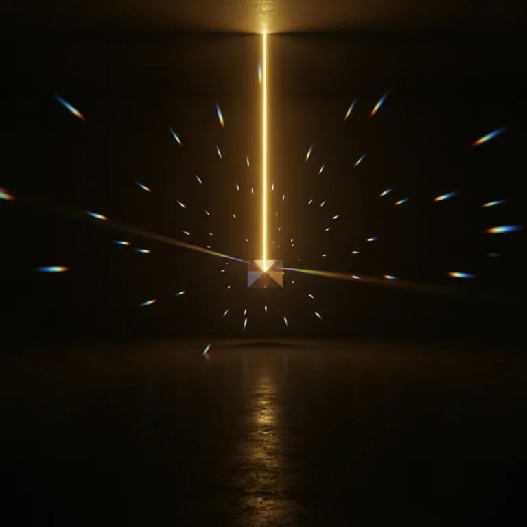 A stark, conceptual image showing a single, intense beam of golden light cutting through a dark room and hitting a prism, contrasting with scattered, weak, fragmented beams of light in the background. Cinematic lighting, highly detailed, photorealistic.