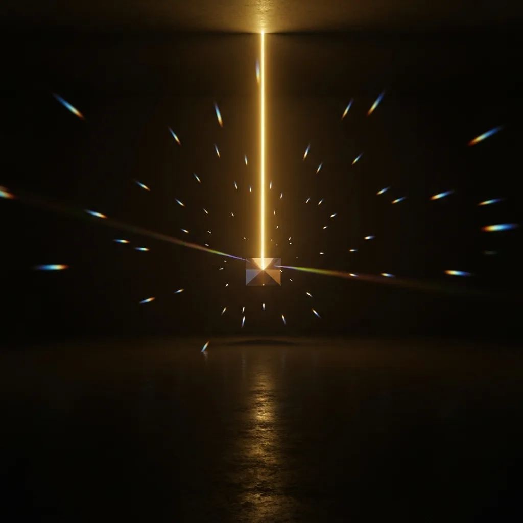A stark, conceptual image showing a single, intense beam of golden light cutting through a dark room and hitting a prism, contrasting with scattered, weak, fragmented beams of light in the background. Cinematic lighting, highly detailed, photorealistic.