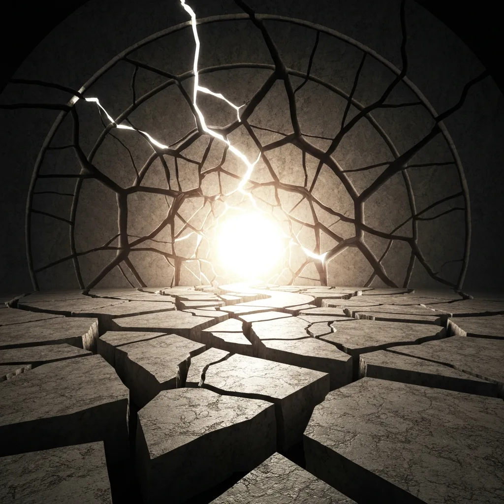 An abstract, surreal representation of a giant stone calendar cracking and breaking apart to reveal a glowing, vibrant, clear pathway leading toward a bright horizon. This symbolizes the concept of breaking free from continuous time and engineering a fresh start. Masterpiece, highly detailed, dramatic volumetric lighting.
