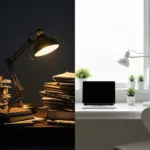 A split-screen visual concept. On the left side, a cluttered, dark, and heavy workspace representing the accumulation of mental friction and past failures. On the right side, a pristine, brightly lit, and highly organized minimalist desk representing the psychological blank slate of a temporal landmark. High contrast lighting, cinematic framing, 8k resolution, photorealistic.