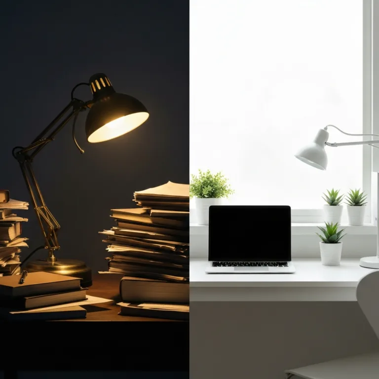 A split-screen visual concept. On the left side, a cluttered, dark, and heavy workspace representing the accumulation of mental friction and past failures. On the right side, a pristine, brightly lit, and highly organized minimalist desk representing the psychological blank slate of a temporal landmark. High contrast lighting, cinematic framing, 8k resolution, photorealistic.