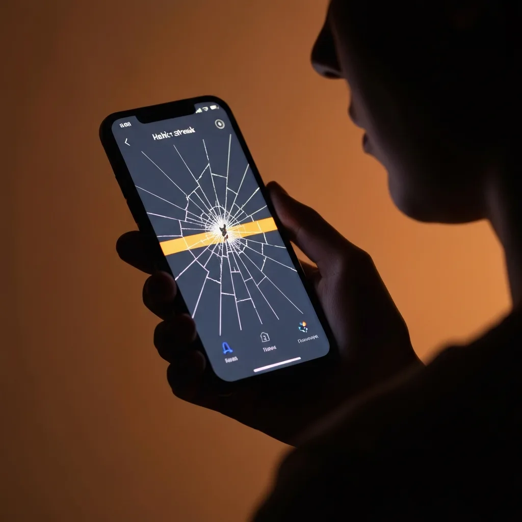 A close-up of a glowing smartphone screen displaying a broken habit-tracking streak, with the screen slightly cracked, held by a person in shadows to represent the fragility of artificial metrics.