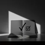 A stark, minimalist workspace featuring an open notebook with a single handwritten checkmark, dramatically lit from the side, symbolizing quiet, untracked progress over digital gamification.