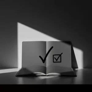 A stark, minimalist workspace featuring an open notebook with a single handwritten checkmark, dramatically lit from the side, symbolizing quiet, untracked progress over digital gamification.