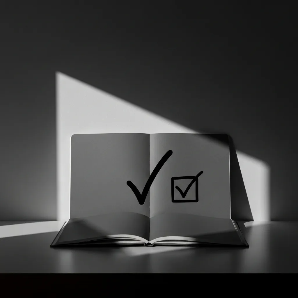 A stark, minimalist workspace featuring an open notebook with a single handwritten checkmark, dramatically lit from the side, symbolizing quiet, untracked progress over digital gamification.