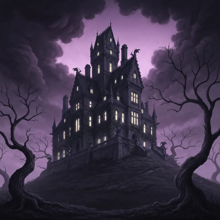 A highly detailed, atmospheric illustration of a looming, gothic mansion on a hill at twilight, its windows glowing faintly like watching eyes, surrounded by twisted, leafless trees. Moody, cinematic lighting, conceptual art style, evoking a sense of psychological horror and sentient architecture.