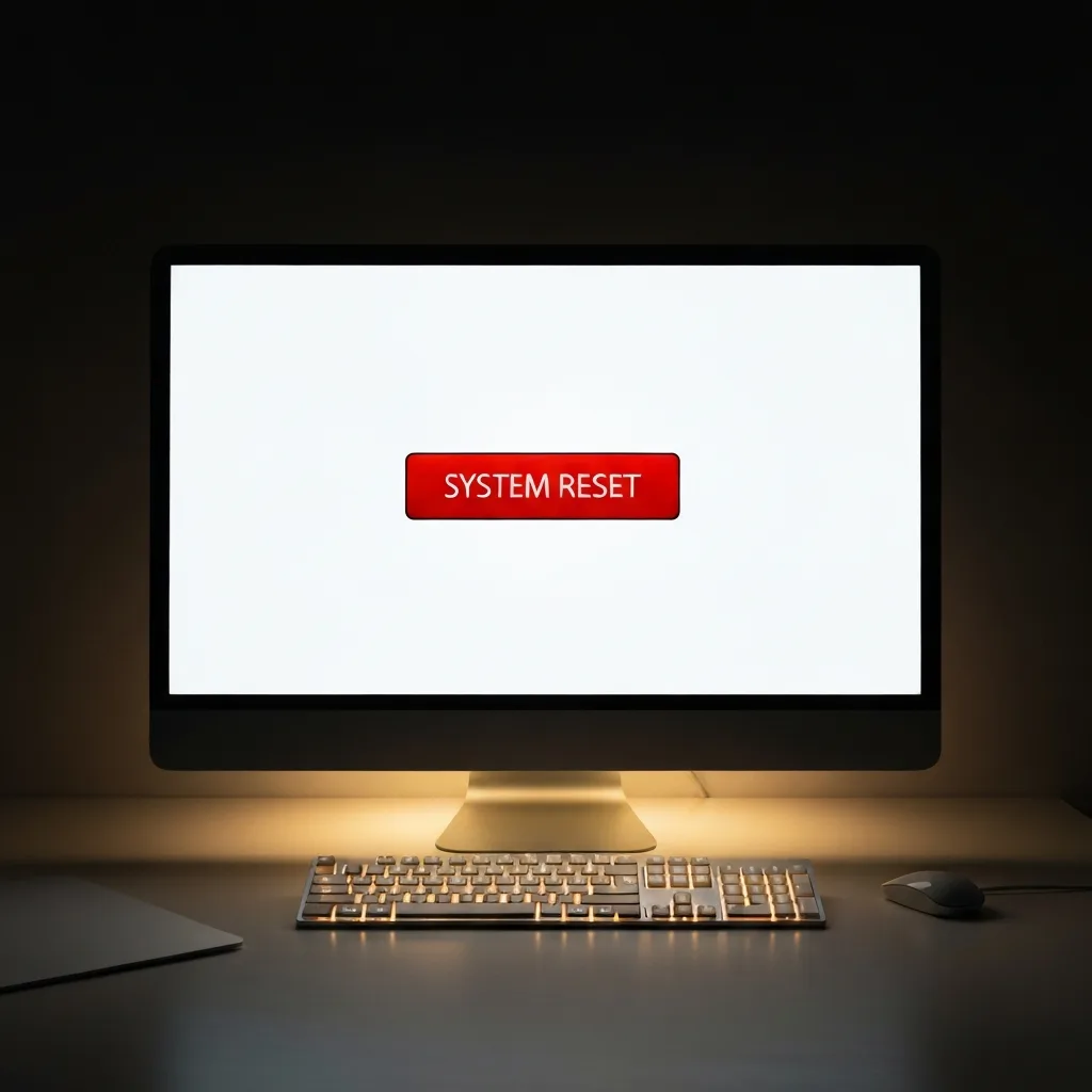 A minimalist workspace featuring a glowing computer screen displaying a single button that reads 'SYSTEM RESET'. The desk is clean, surrounded by dark shadows, but a bright, warm light illuminates the keyboard and the screen, representing a fresh start and a clean slate.
