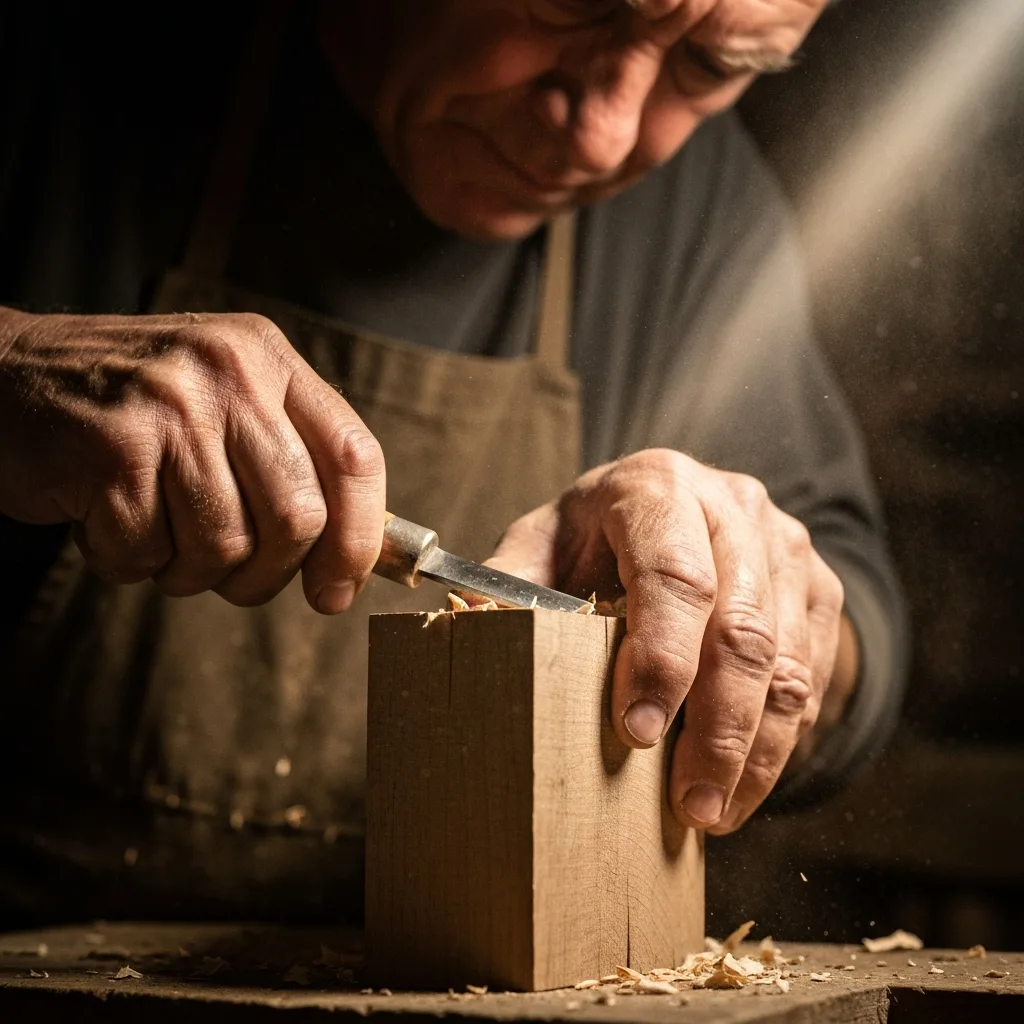 A craftsman meticulously carving a block of wood in a dimly lit, dusty workshop. The focus is entirely on the weathered hands and the sharp tool, blurring out the creator's face to highlight the process over the identity. Warm amber tones, highly detailed, atmospheric.